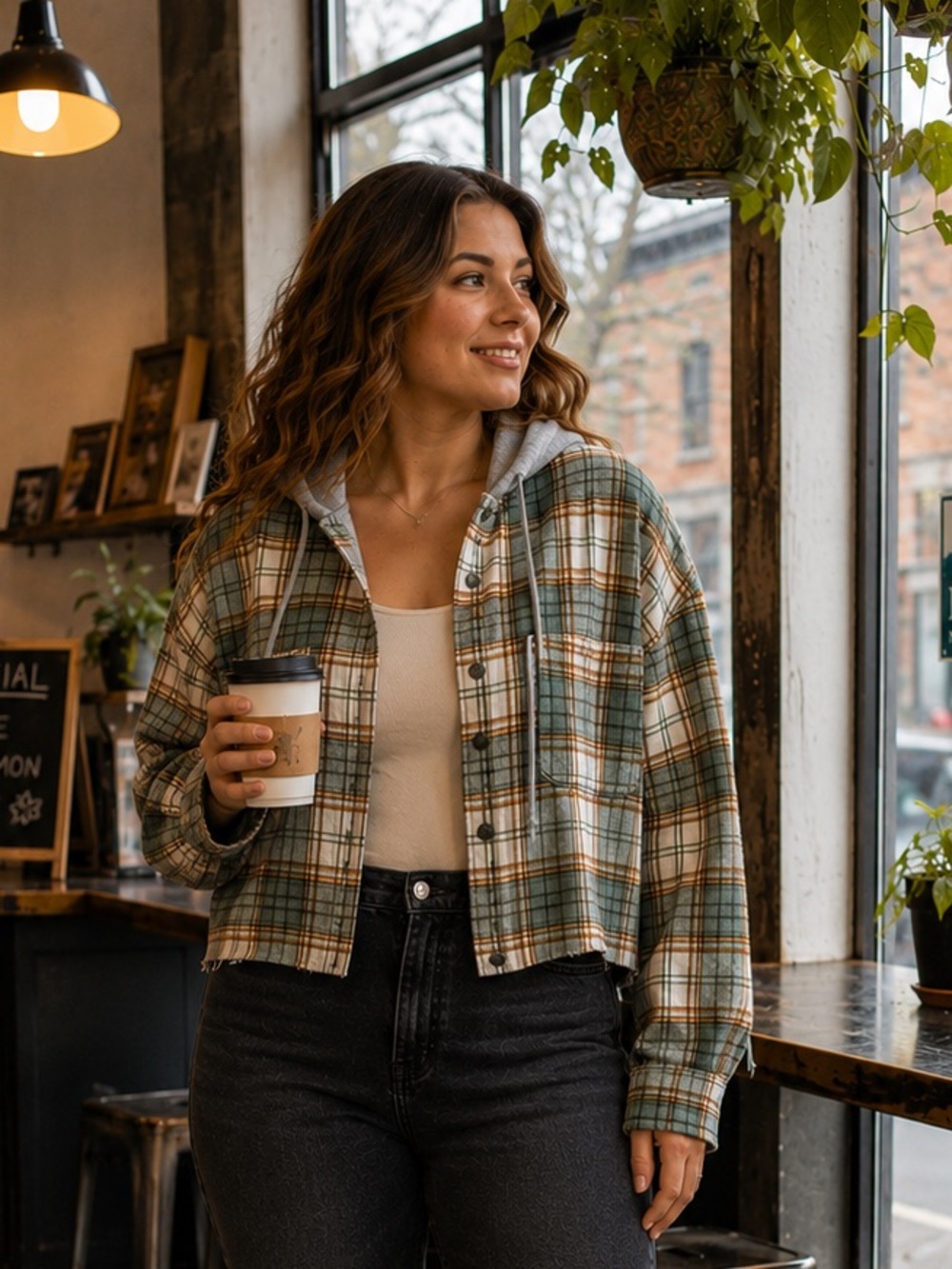 No Comment Plaid Hooded Cropped Flannel Shirt Green Gray Grunge Medium